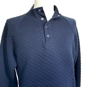EDDIE BAUER Mens Medium Navy Blue Cotton Quilted Pull Over Sweater 3/4 Snap Neck